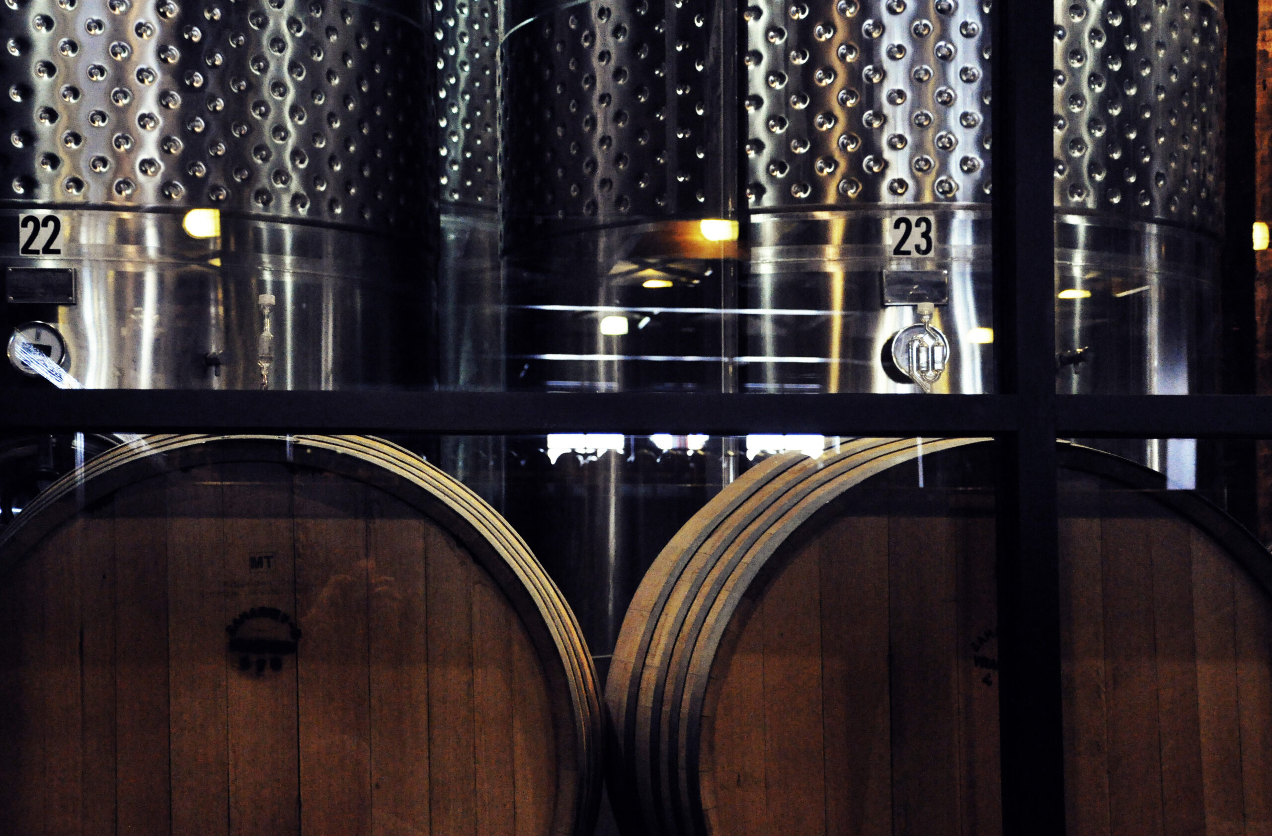 Oak barrels for aging wine.