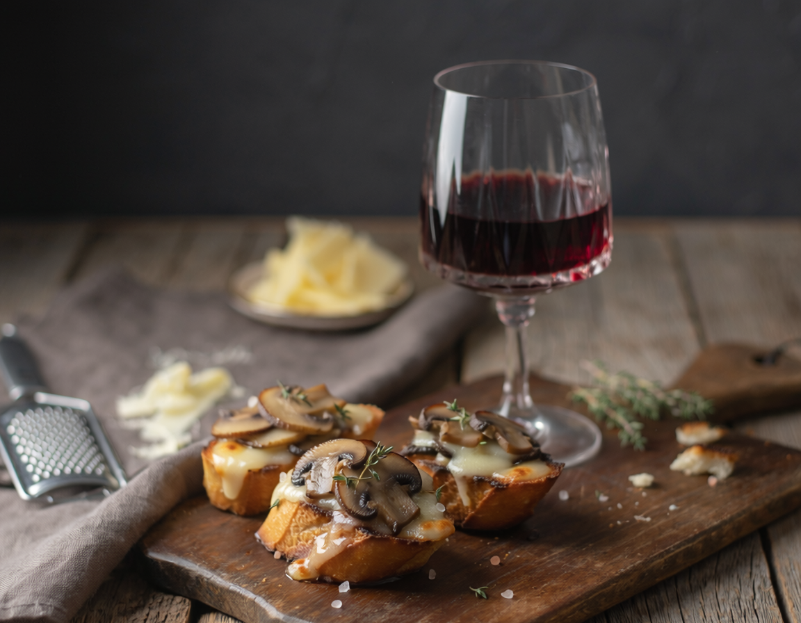 Mushroom Crostini paired with a glass of Cabernet Sauvignon