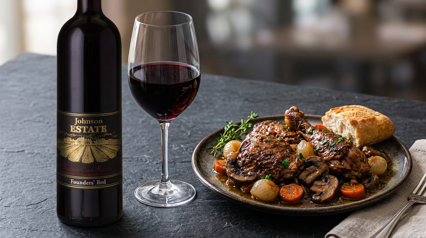 Coq Au Vin plated with Johnson Estate Winery Coq Au Vin in Westfield NY